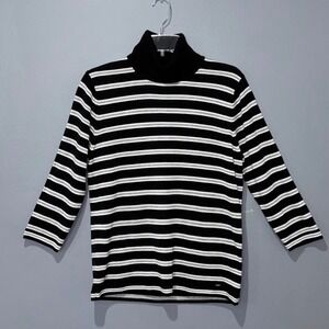 Tommy Hilfiger Turtleneck Sweater Womens L Black White Striped Acrylic Preppy L